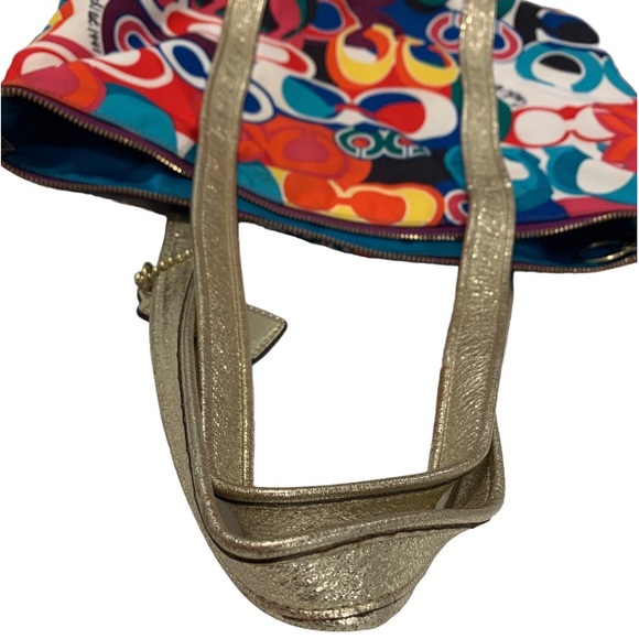 COACH Logo POPPY colorful gold leather trim purse tote - Picture 15 of 17